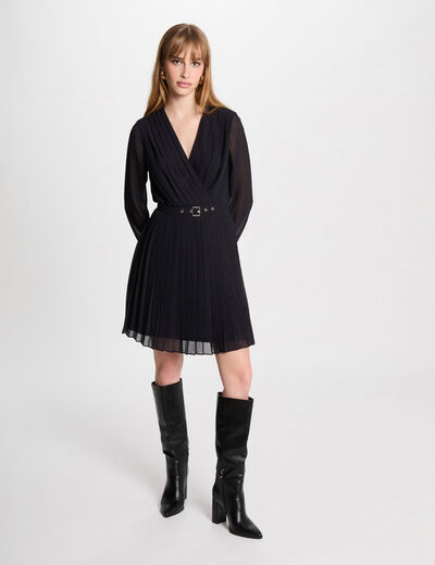 Vestido corto recto plisado azul marino mujer