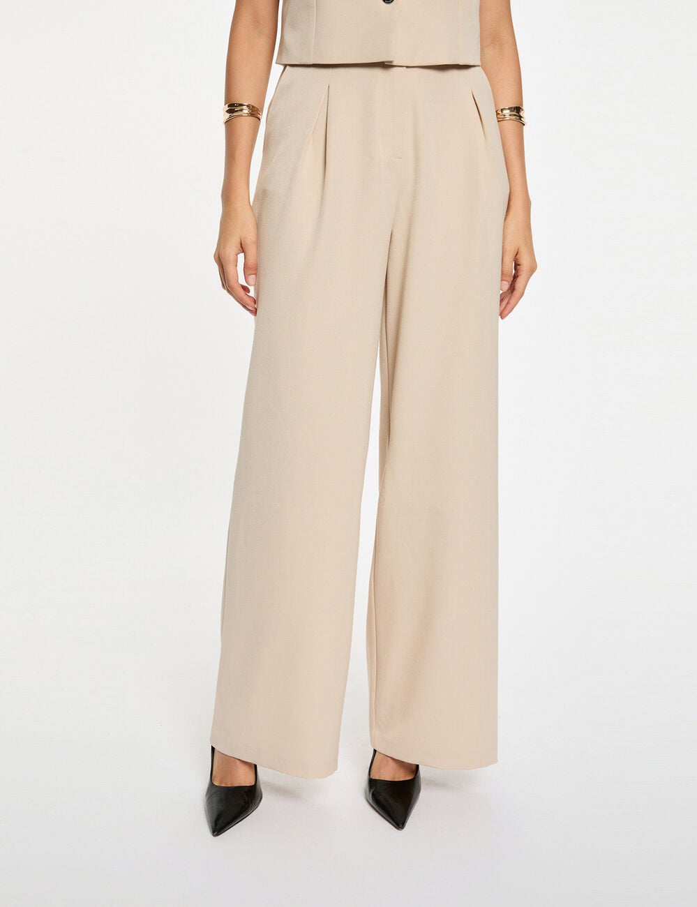 Pantal&oacute;n ancho de tiro alto beige mujer