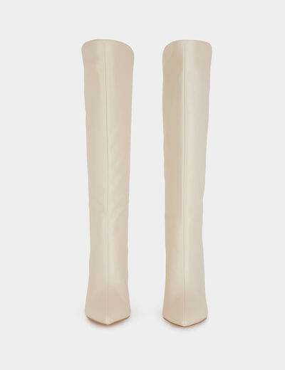 Botas de caña alta de cuero y tacones marfil mujer