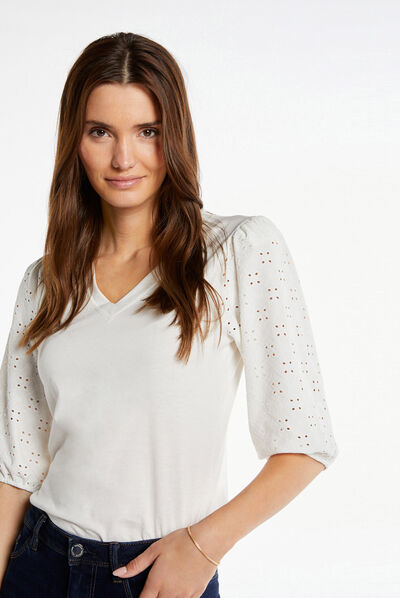 Camiseta de manga 3/4 con bordado crudo mujer