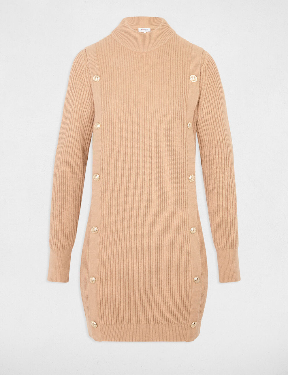 Vestido de punto corto cuello redondo beige mujer