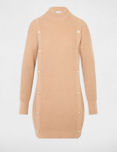 Vestido de punto corto cuello redondo beige mujer