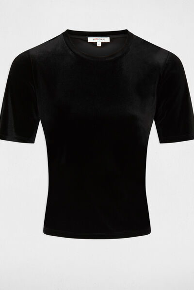 Camiseta manga corta terciopelo negro mujer