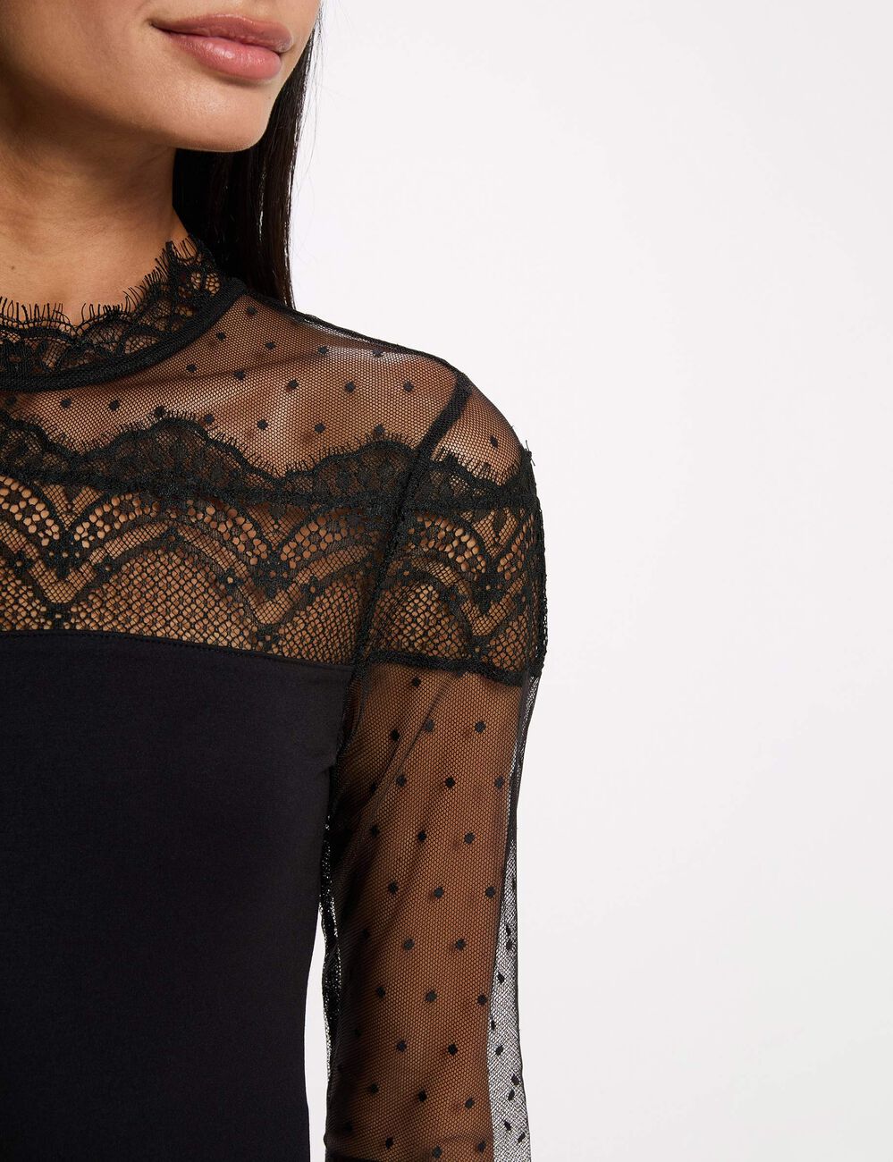 Body de encaje con mangas largas negro mujer