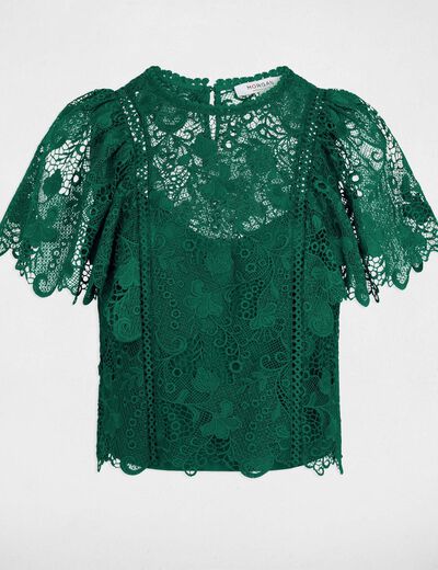 Top de encaje con cuello redondo verde mujer
