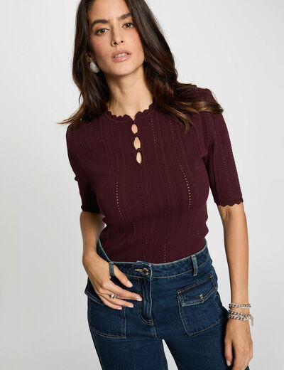Jersey calado mangas 3/4 ciruela mujer