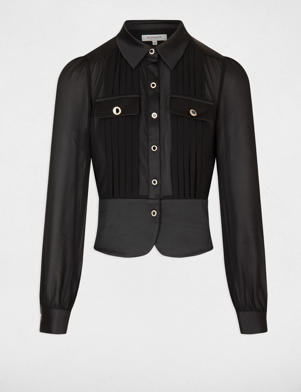 Camisa manga larga con pliegues negro mujer