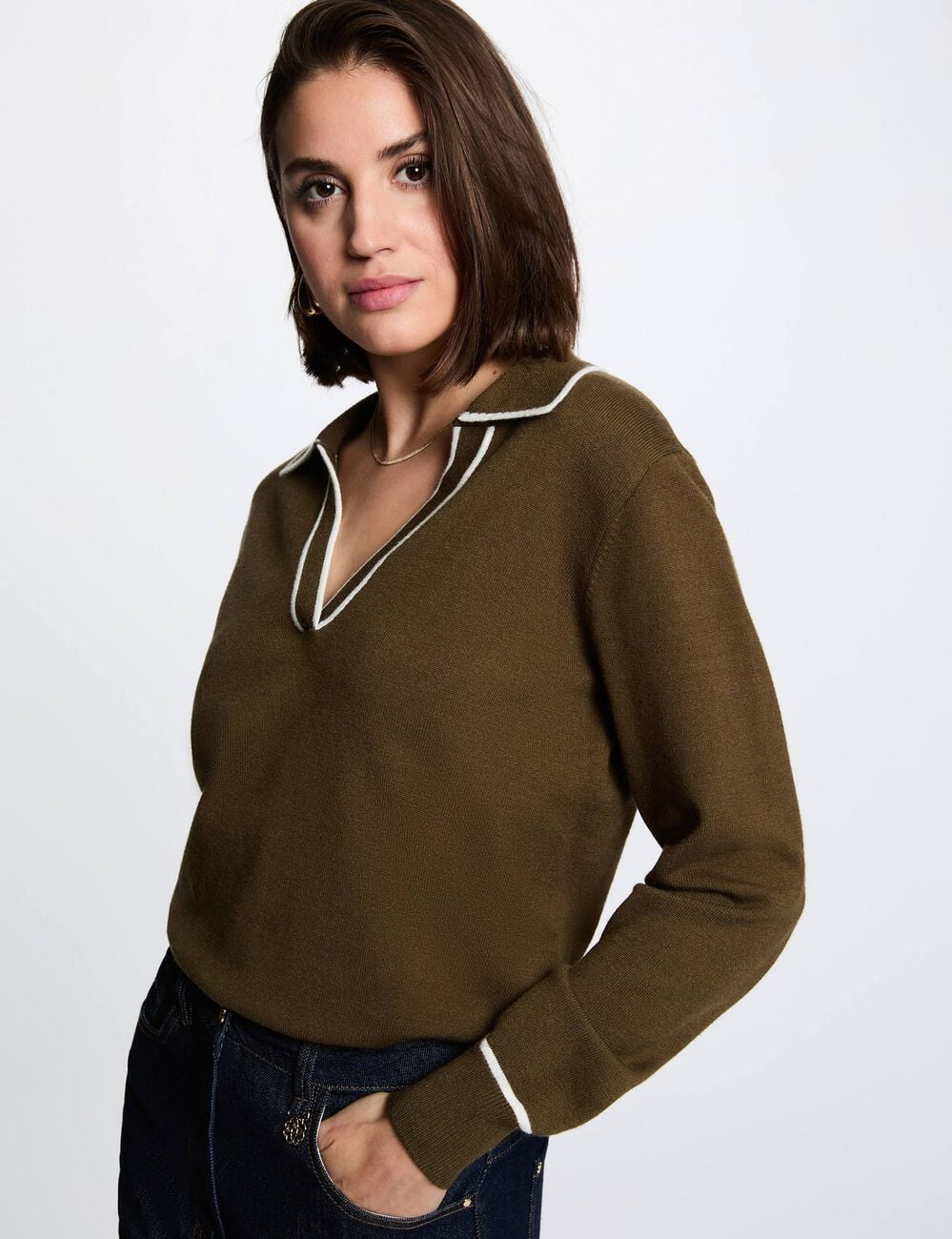 Jersey cuello polo verde caqui mujer