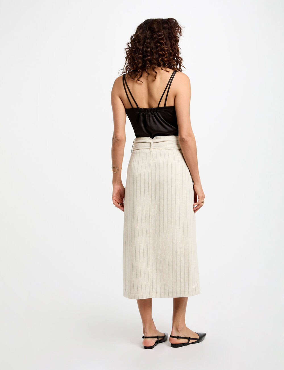 Falda midi con rayas beige mujer