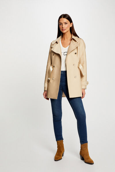 Gabardina recta con cinturón y capucha beige mujer