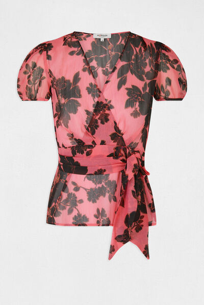 Blusa manga corta con nudo estampada multicolor mujer