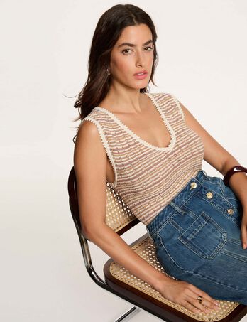 Jersey ajustado con cuello en v beige mujer