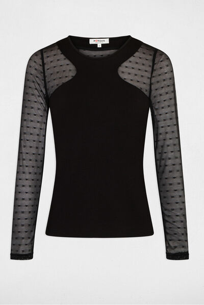 Camiseta manga larga con plumeti negro mujer