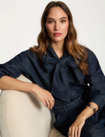 Camisa vaquera con lazada denim crudo mujer
