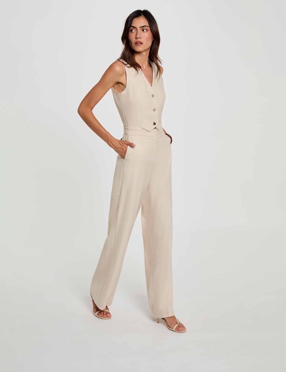 Mono ancho con cuello en v beige mujer