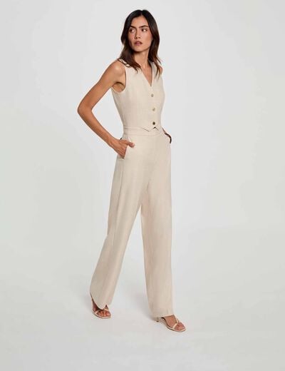 Mono ancho con cuello en v beige mujer