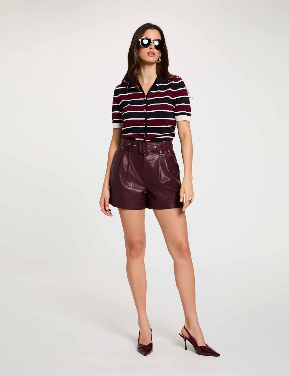 Jersey de rayas con cuello polo burdeos mujer
