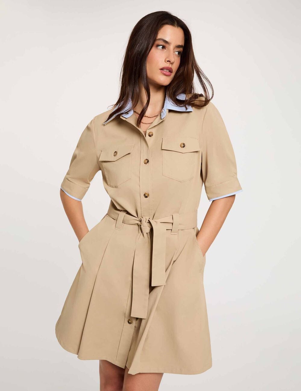 Vestido corto con cuello de solapa beige mujer