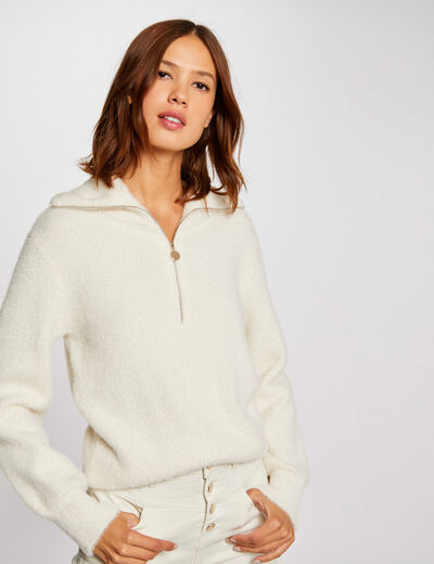 Jersey manga larga cuello con cremallera marfil mujer