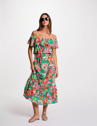 Vestido midi acampanado estampado multicolor mujer