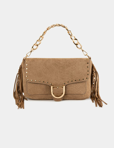 Bolso cocodrilo con flecos y tachuelas arena mujer