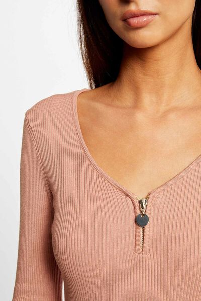 Jersey manga larga acanalado rosa envejecido mujer
