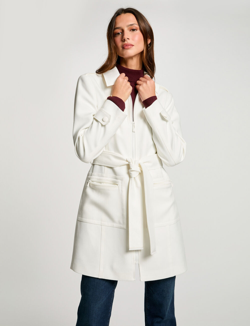 Abrigo larga con cremallera blanco mujer