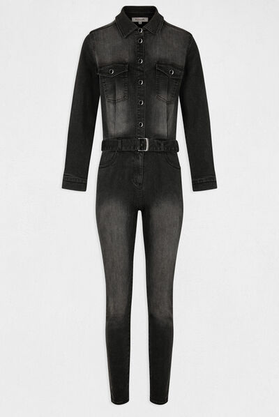 Mono largo ajustado vaquero con cinturón gris anthracite mujer