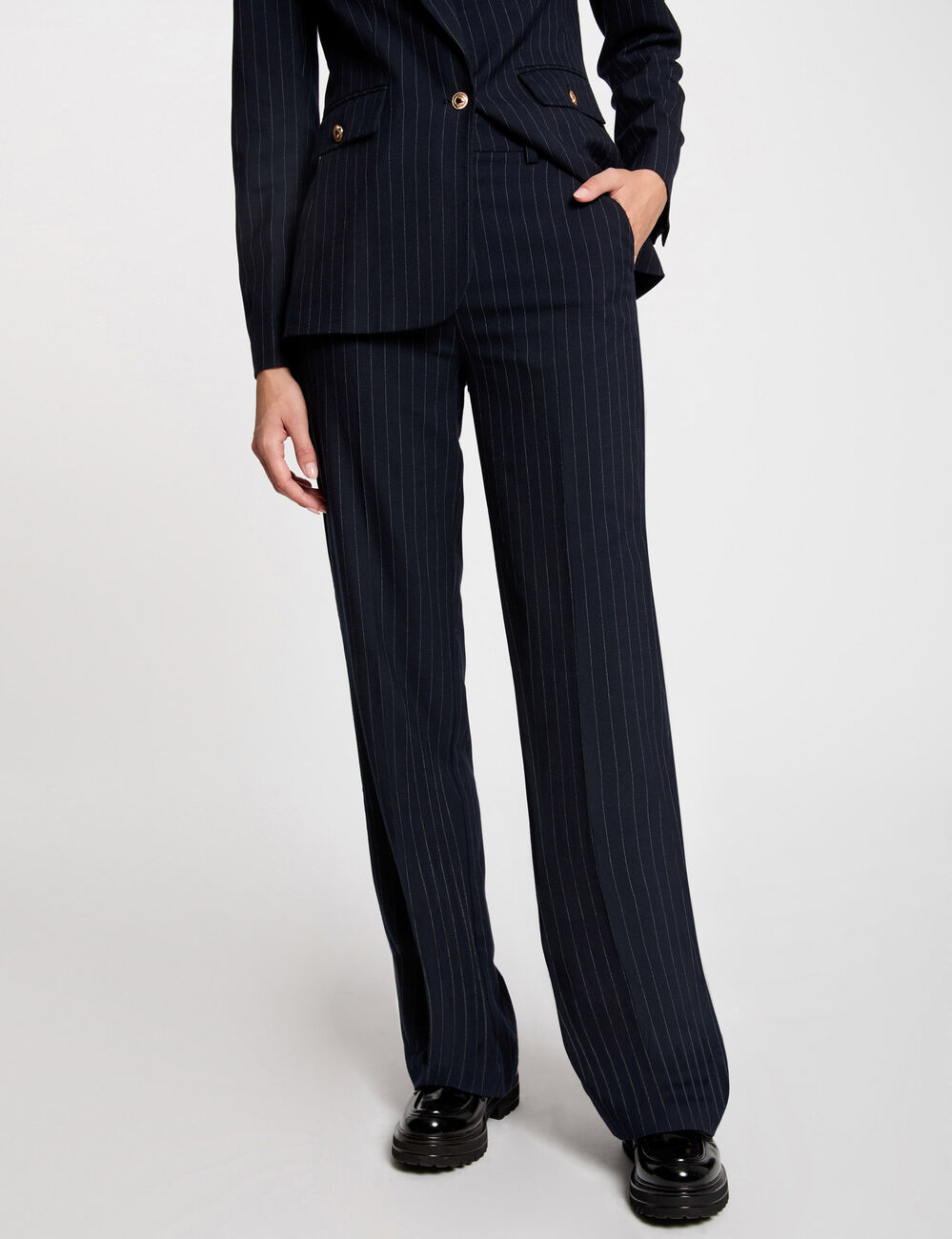 Pantalón flare con rayas azul marino mujer