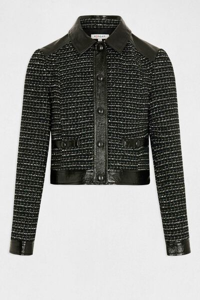 Chaqueta recta con detalles de vinilo negro mujer