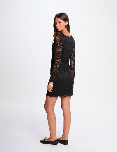Vestido de encaje con cuello en v negro mujer
