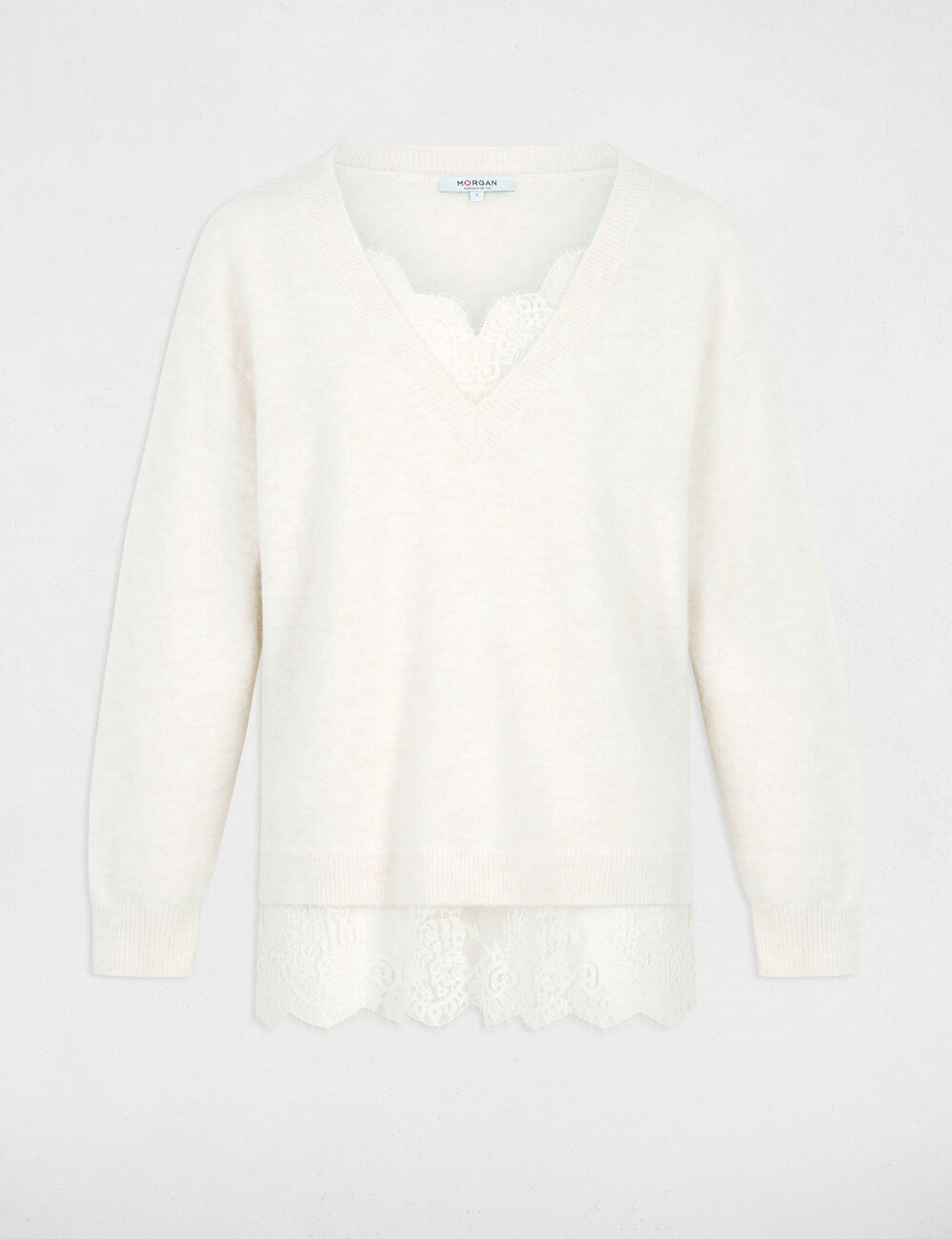 Jersey de cuello en V y mangas largas marfil mujer