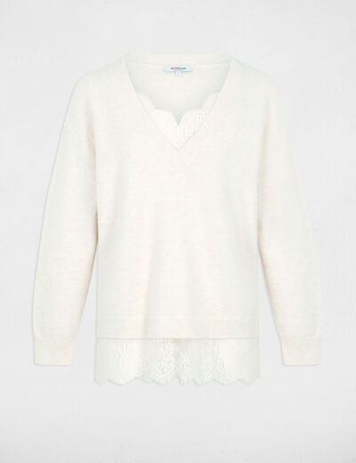 Jersey de cuello en V y mangas largas marfil mujer