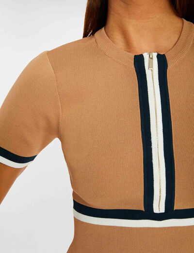 Vestido ajustado con cremallera y bandas cámel mujer