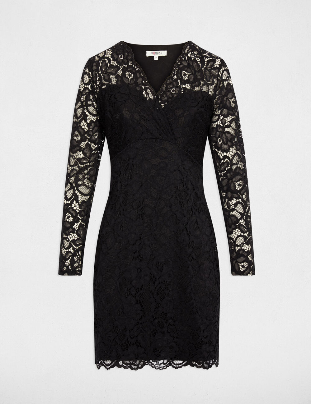 Vestido de encaje con cuello en v negro mujer
