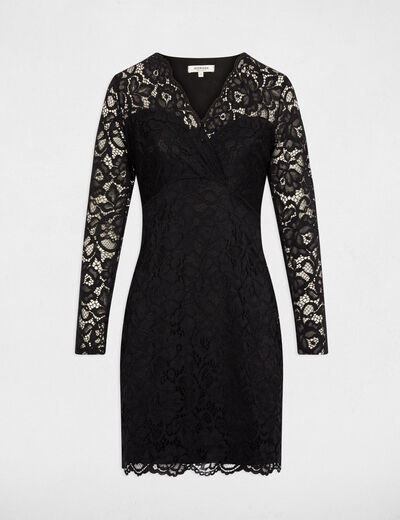 Vestido de encaje con cuello en v negro mujer