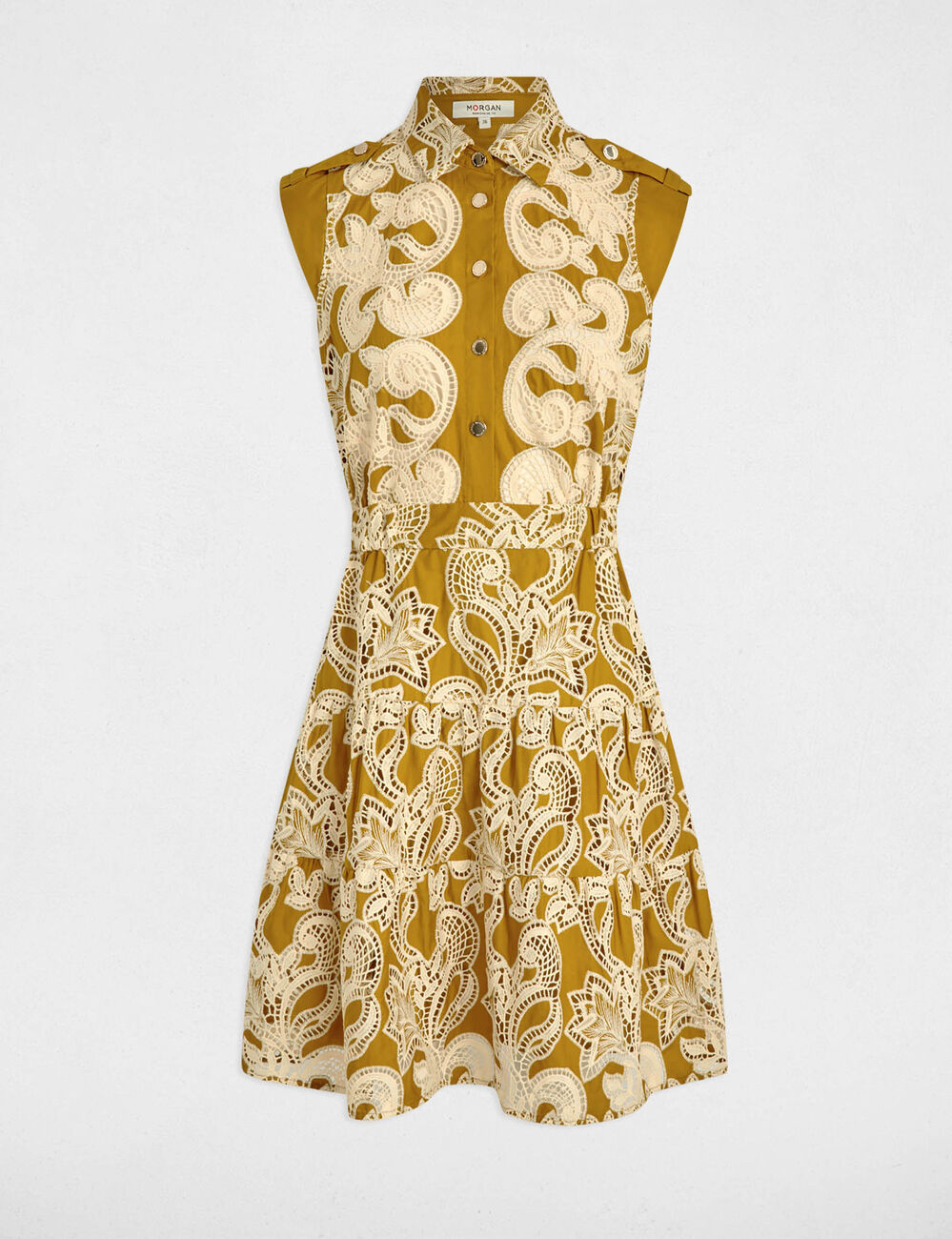 Vestido evasé bordado verde caqui mujer