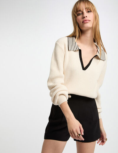 Jersey escote en V con solapa marfil mujer