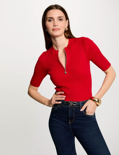 Jersey manga corta acanalado rojo mujer