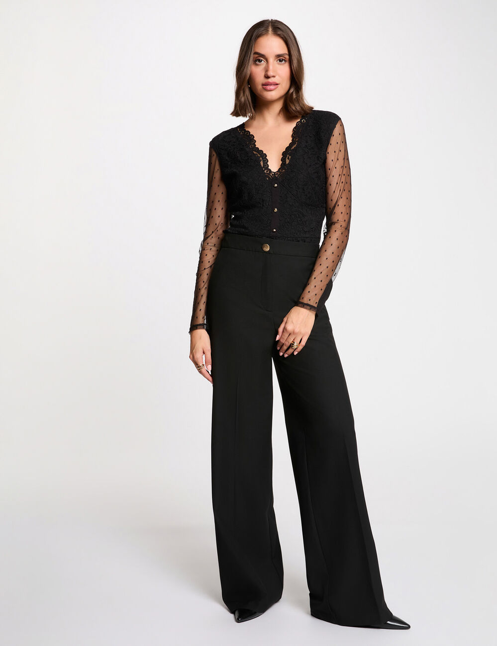Body de encaje con escote en v negro mujer