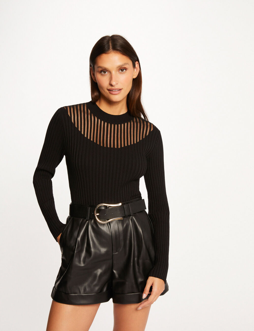 Jersey manga larga con cuello alto negro mujer