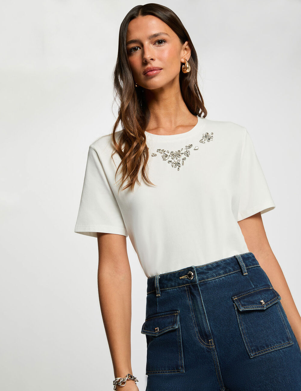 Camiseta de strass manga corta blanco mujer