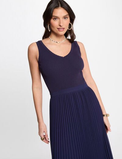Vestido punto largo entallado azul marino mujer