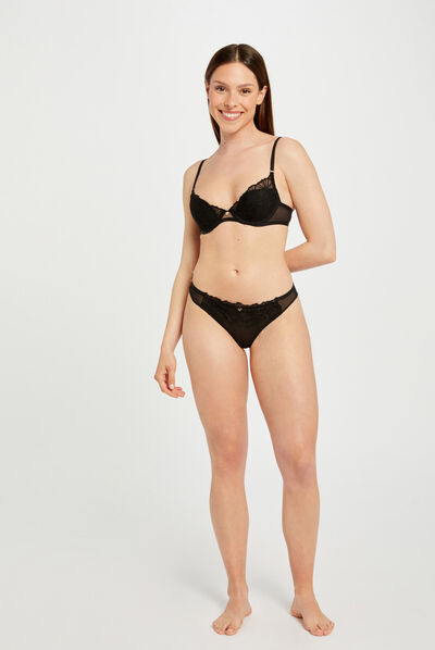 Tanga de encaje negro mujer