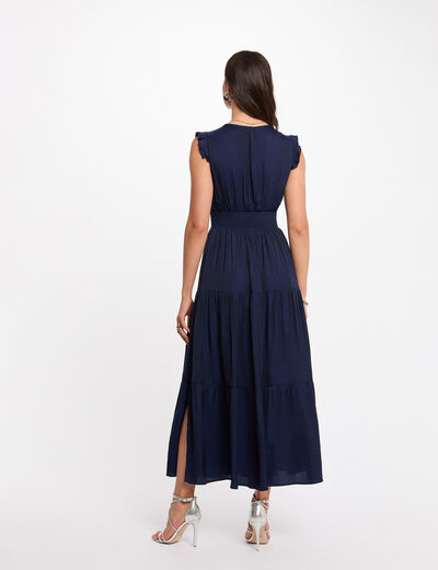 Vestido largo con cuello en V azul marino mujer