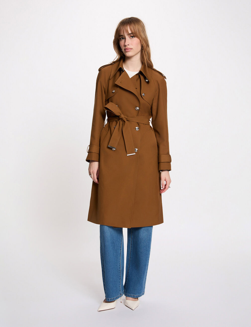 Trench largo con cintur&oacute;n c&aacute;mel mujer