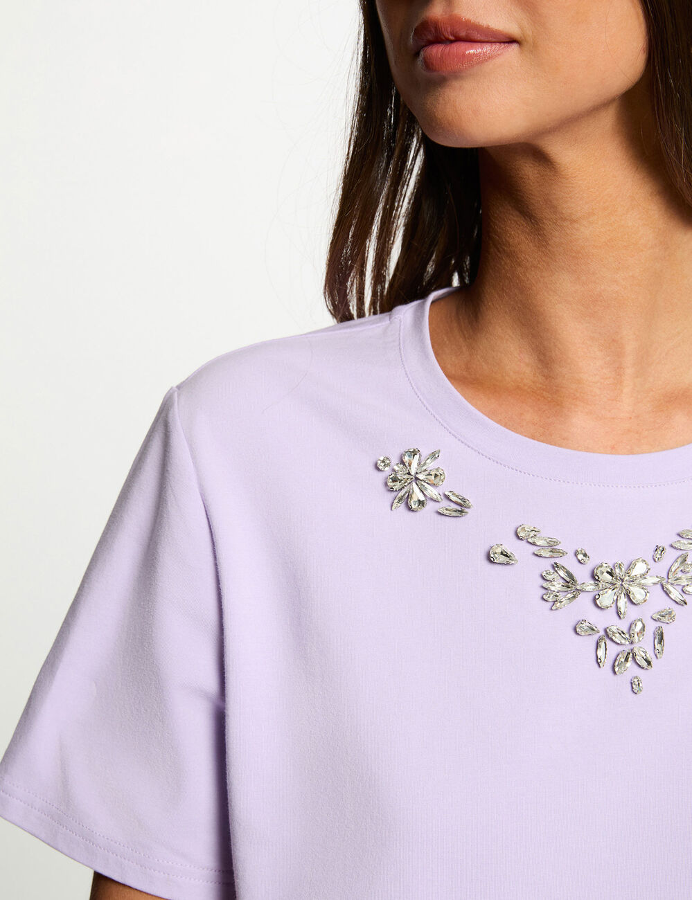 Camiseta de strass manga corta morado mujer