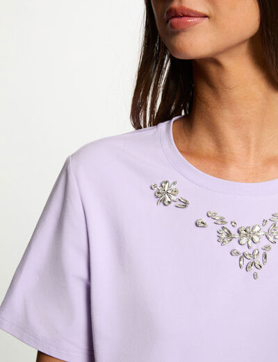 Camiseta de strass manga corta morado mujer