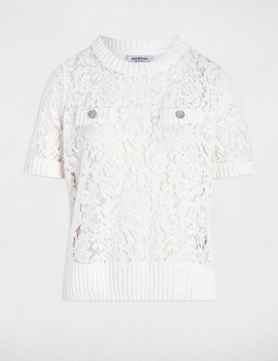 Jersey manga corta encaje blanco mujer