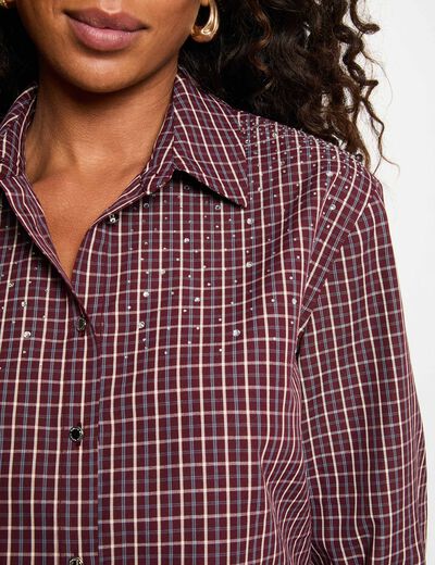 Camisa de cuadros con strass burdeos mujer